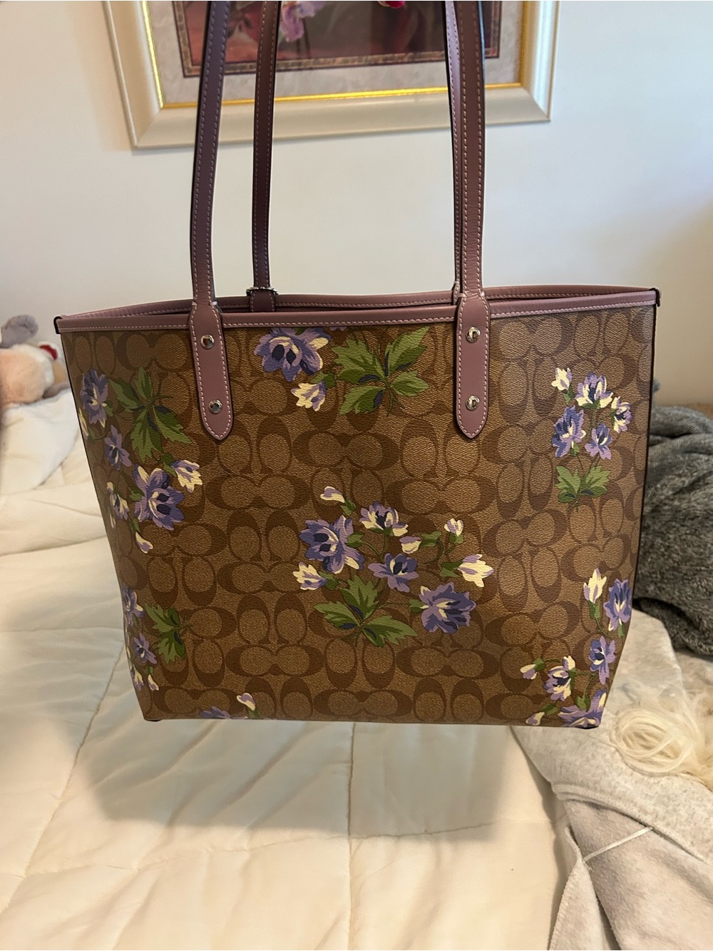 Coach Brown Signature Tote with Lavender Floral Print